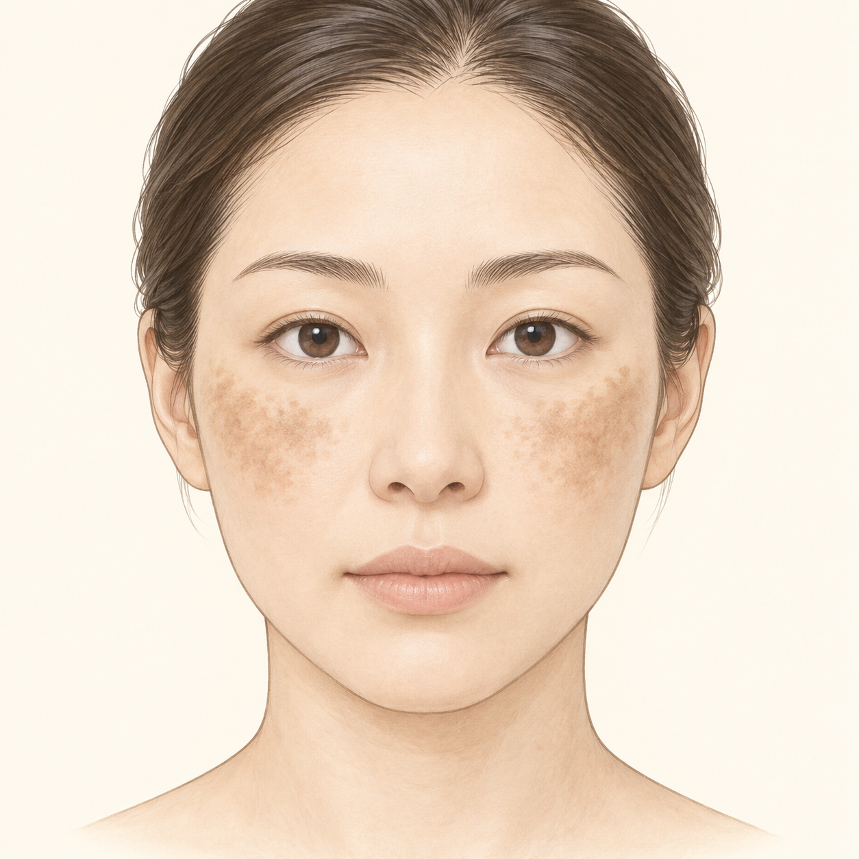 両頬の上部に淡い褐色の色むらが広がる肝斑の分布例