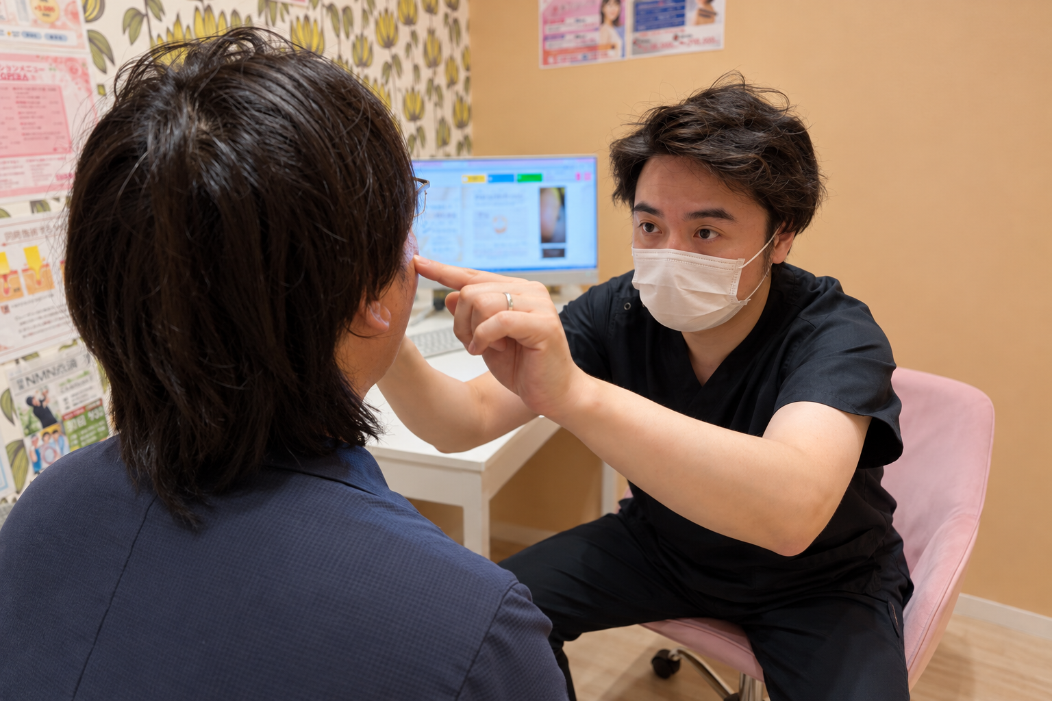 男性患者の肌を診察する院長