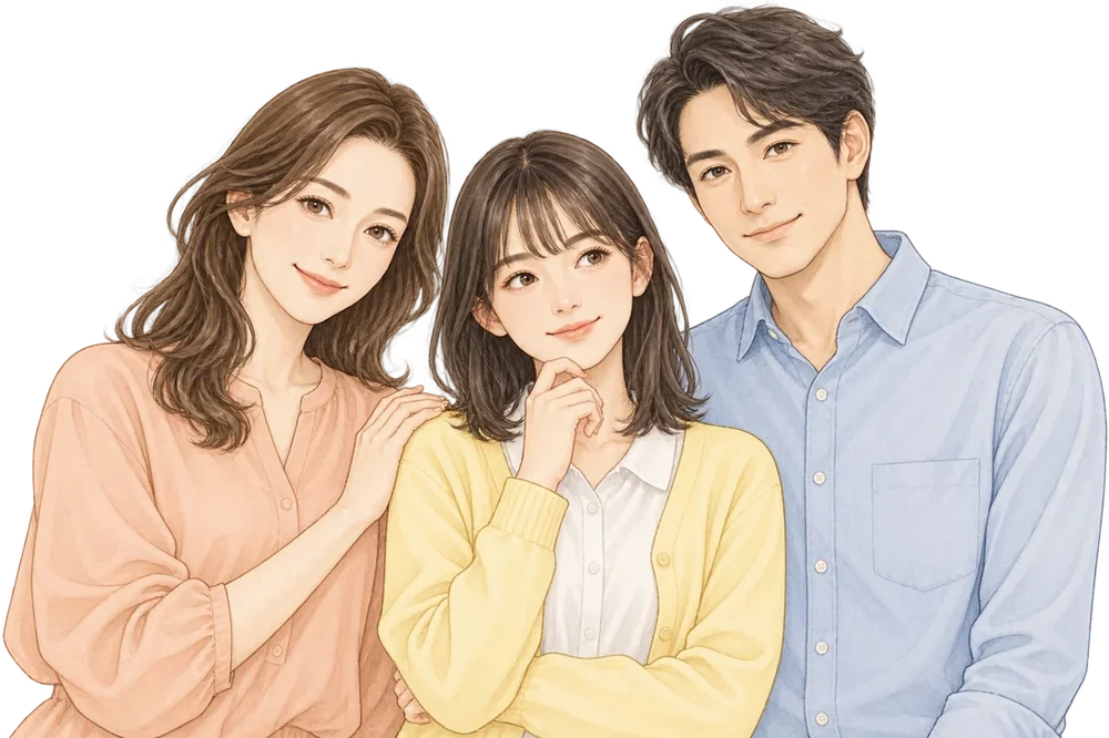相談する女子学生と母親・父親の親子3人のイラスト