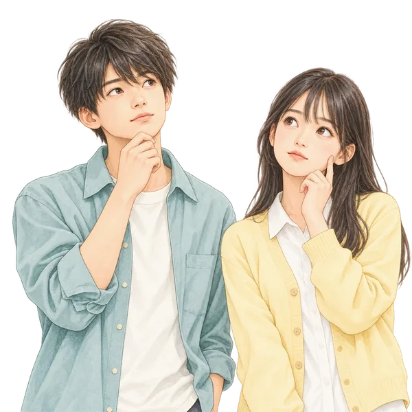 痛みの感じ方について考える男子学生と女子学生のイラスト