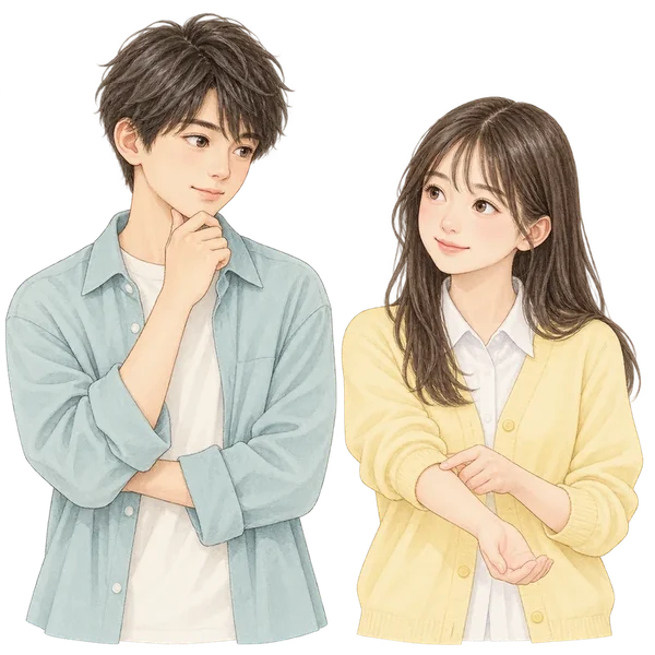 脱毛のプランについて相談する男子学生と女子学生のイラスト