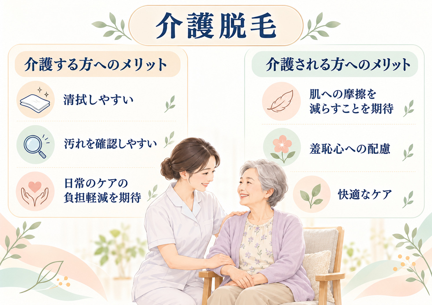 介護脱毛によって介護する人の清拭負担軽減と介護される人の身体的・精神的負担軽減が期待できることを示した図