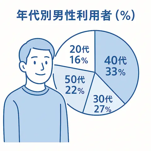男性：30～40代が中心、50代も2割を占める