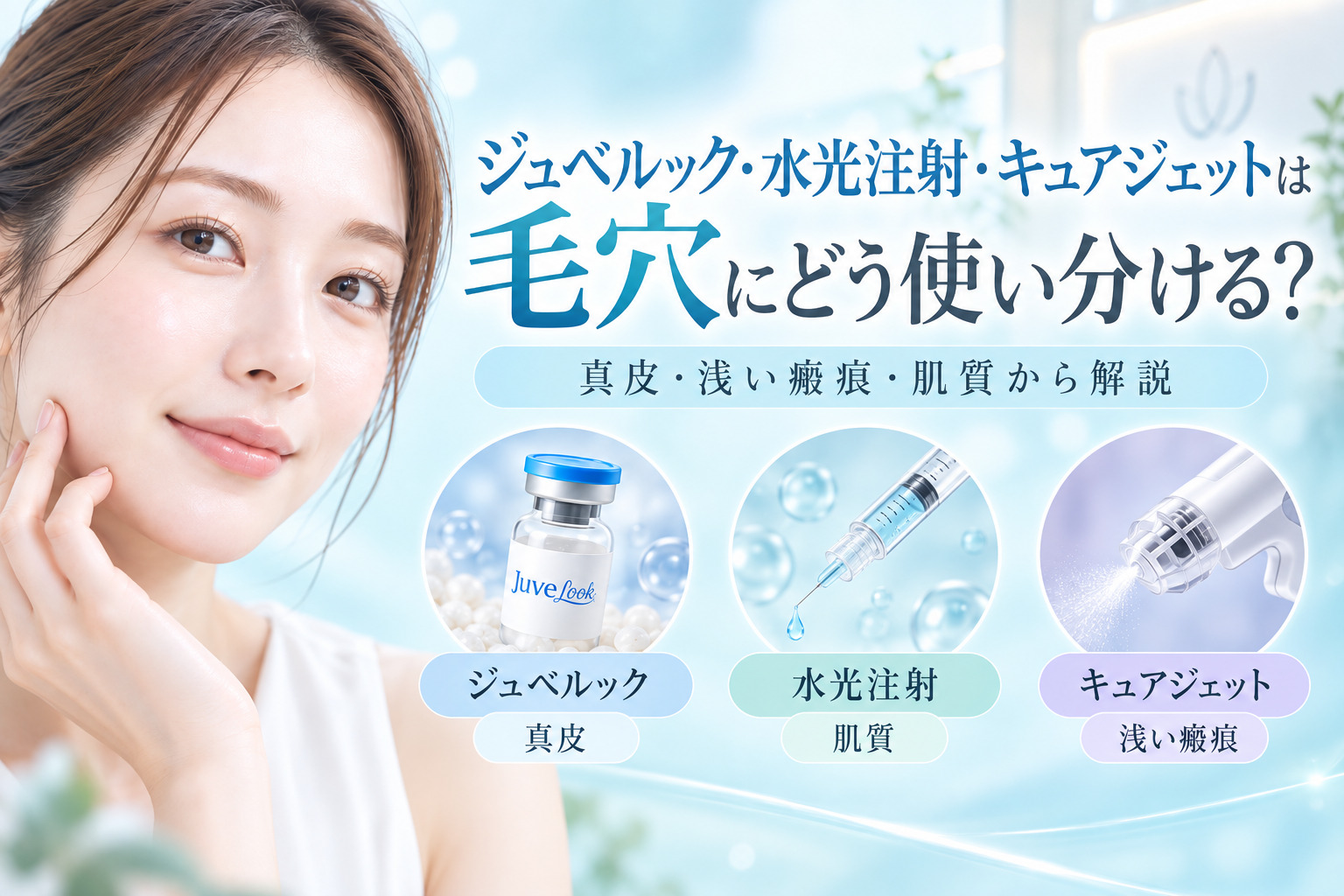 ジュベルック・水光注射・キュアジェットは毛穴にどう使い分ける?真皮・浅い瘢痕・肌質から解説|名古屋