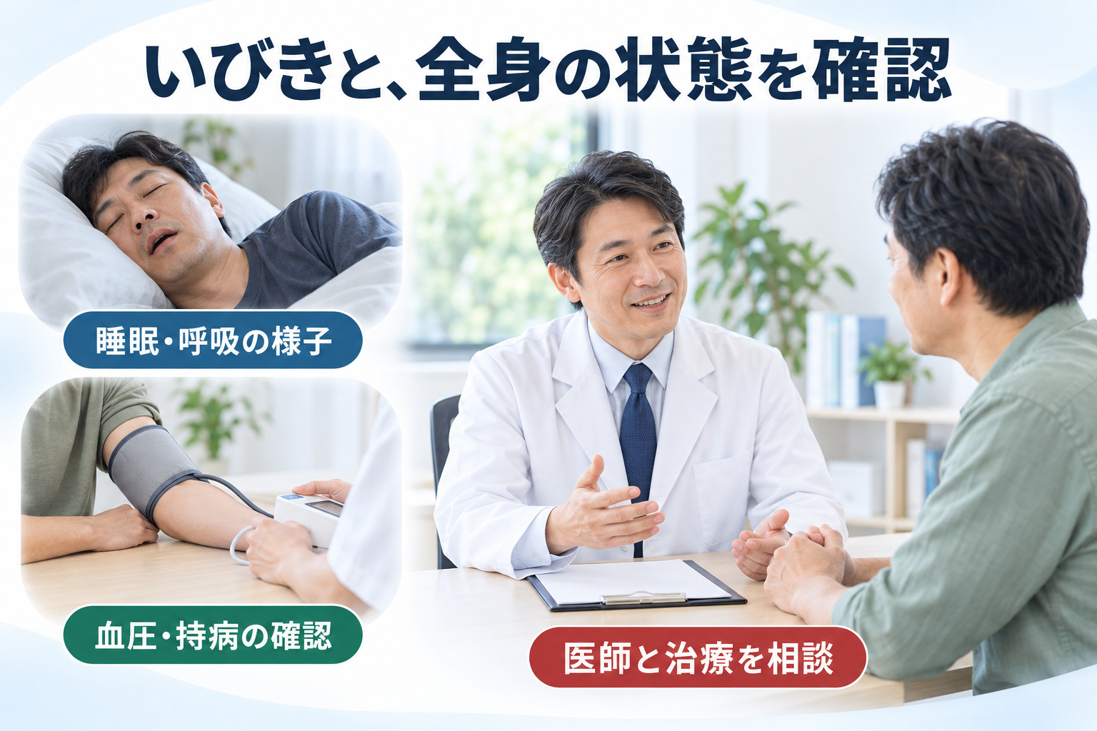 いびきと全身状態を確認し、治療を相談するイメージ
