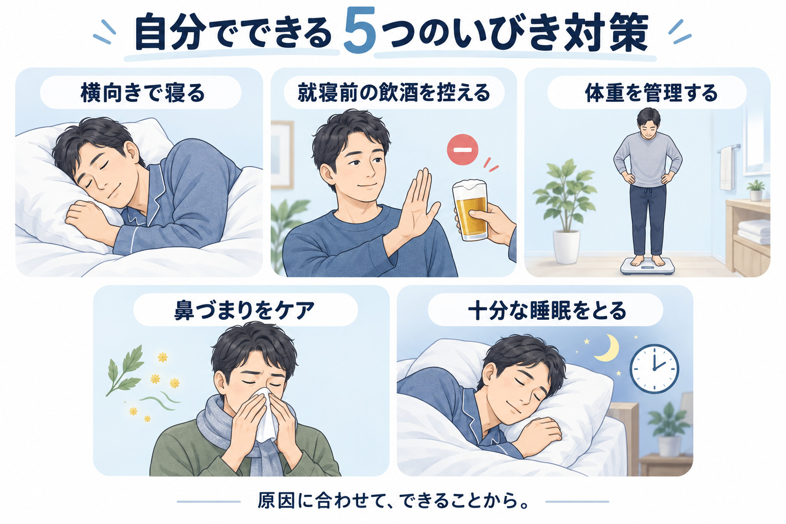 横向き寝、飲酒を控える、体重管理、鼻づまりへの対応、十分な睡眠の5つのいびき対策
