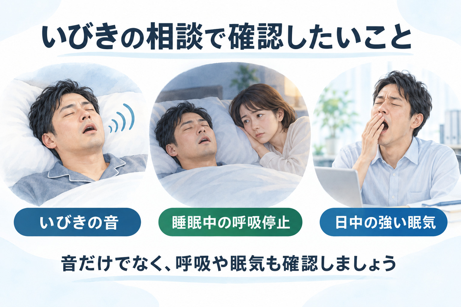 いびきの音・呼吸停止・日中の眠気を確認するイメージ