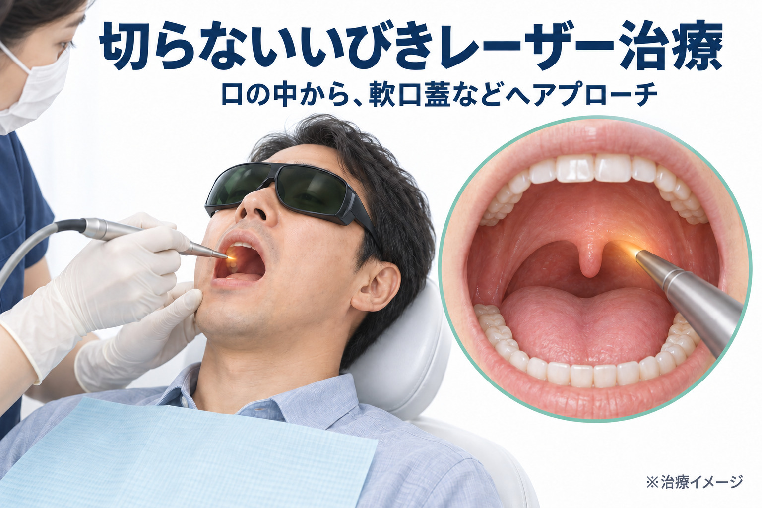 口腔内から軟口蓋周囲へ照射する非蒸散性いびきレーザー治療のイメージ