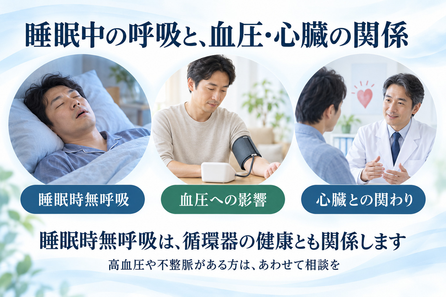 睡眠中の呼吸と血圧・心臓の関係を示すイメージ