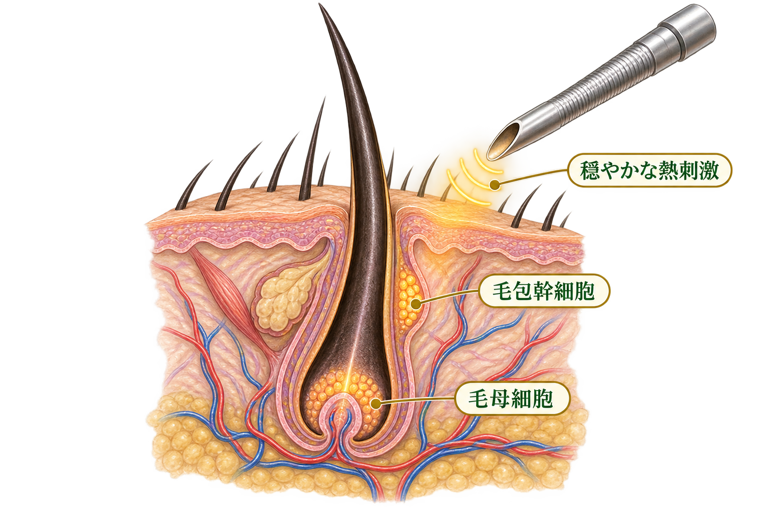 レーザーの穏やかな熱で毛包の細胞を刺激する模式図