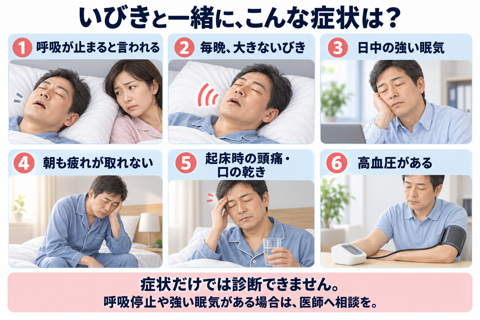 呼吸停止・大きないびき・眠気など、注意したい6つの症状