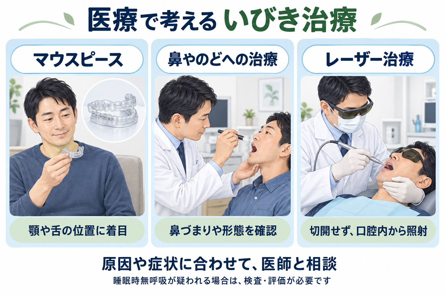 マウスピース、鼻やのどへの治療、切開を伴わないレーザー治療など、原因に応じたいびき治療