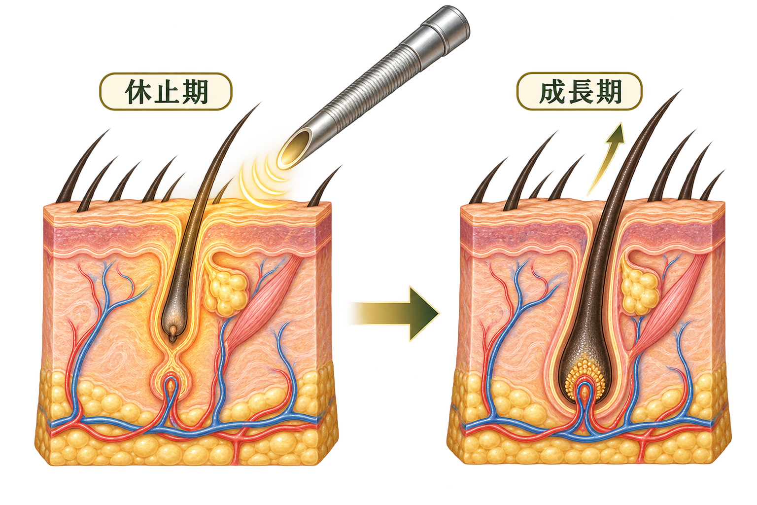 レーザーによる毛包への温熱刺激と、休止期から成長期への移行の模式図