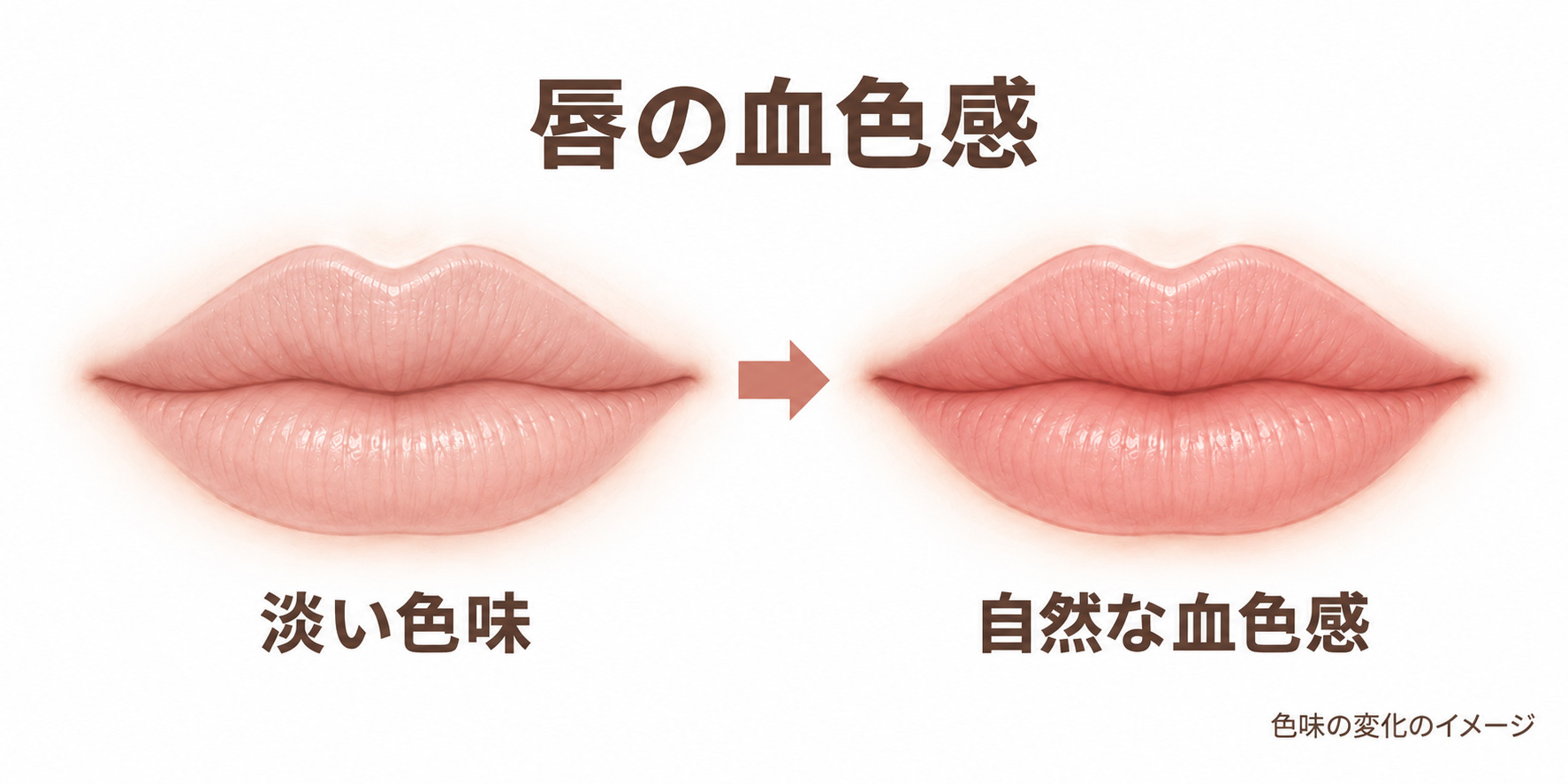淡い唇の色味から自然なローズ色の血色感への変化を表すイメージ図