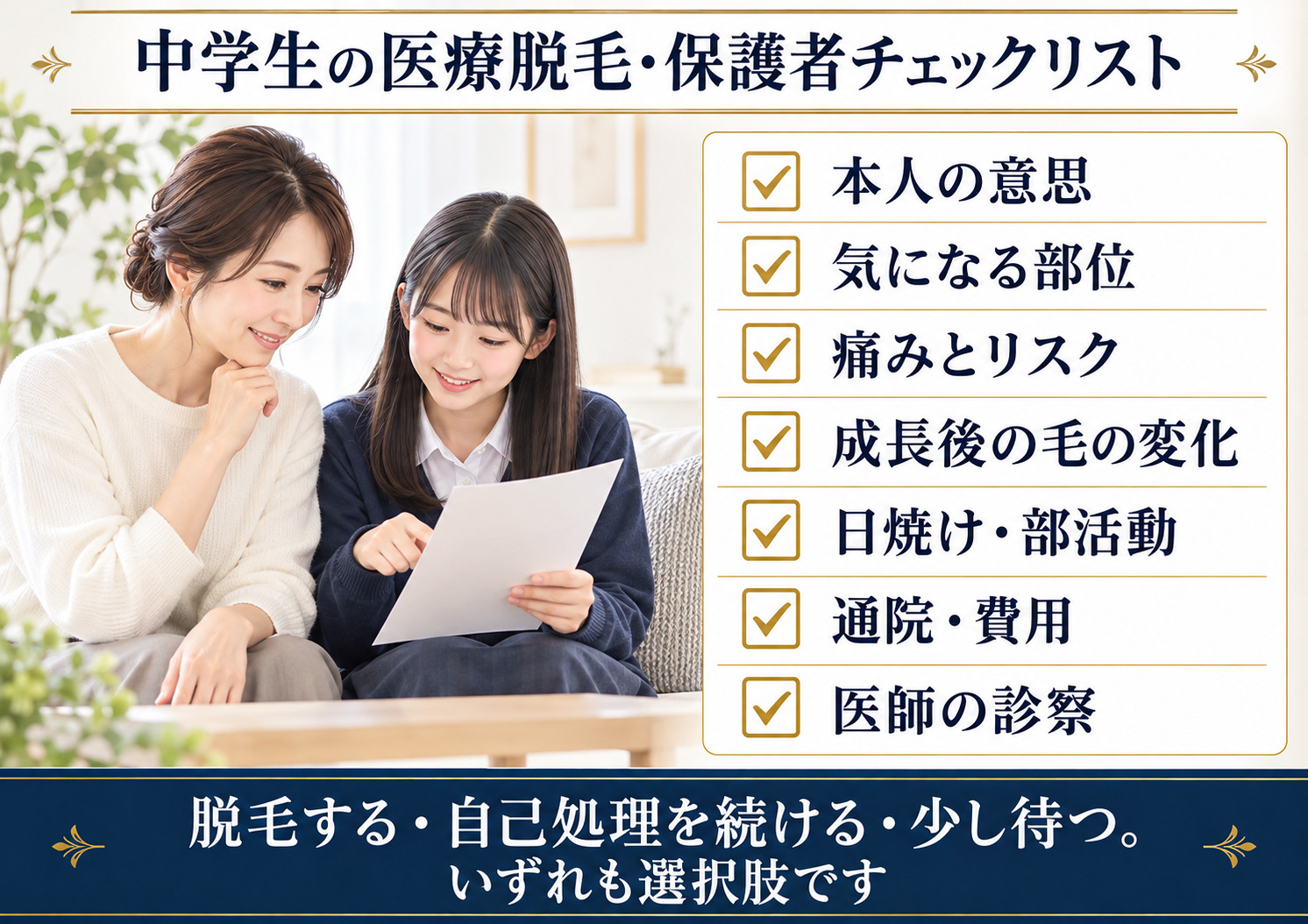 女性と制服姿の少女が書類を見る写真に、本人の意思、気になる部位、痛みとリスク、成長後の毛の変化、日焼け・部活動、通院・費用、医師の診察の確認項目を併記。下部に脱毛・自己処理・待つ選択肢を示す。