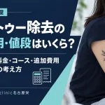 紺色の背景に「名古屋」「タトゥー除去の費用・値段はいくら?」とあり、初回料金・コース・追加費用、総額の考え方を案内。右側には上腕に植物柄のタトゥーがある人物、下部には電卓と明細のイラスト。