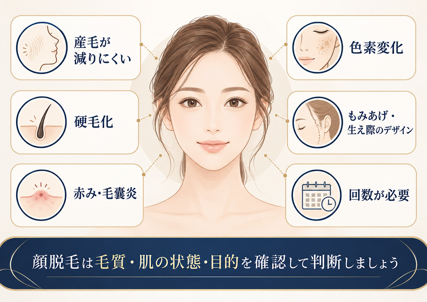 女性の顔の周囲に顔脱毛の注意点を示した図 中央の女性の顔を囲み、「産毛が減りにくい」「硬毛化」「赤み・毛嚢炎」「色素変化」「もみあげ・生え際のデザイン」「回数が必要」の6項目をイラスト付きで示している。