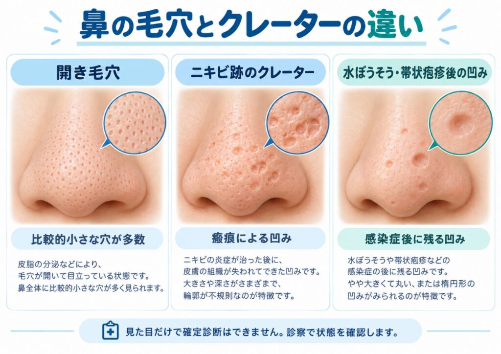 鼻の毛穴とクレーターの違いを示す比較図 「開き毛穴」「ニキビ跡のクレーター」「水ぼうそう・帯状疱疹後の凹み」のラベル付きで、鼻の図と拡大図を横並びに比較。下部に見た目だけでは確定診断できない旨の注意書きがある。