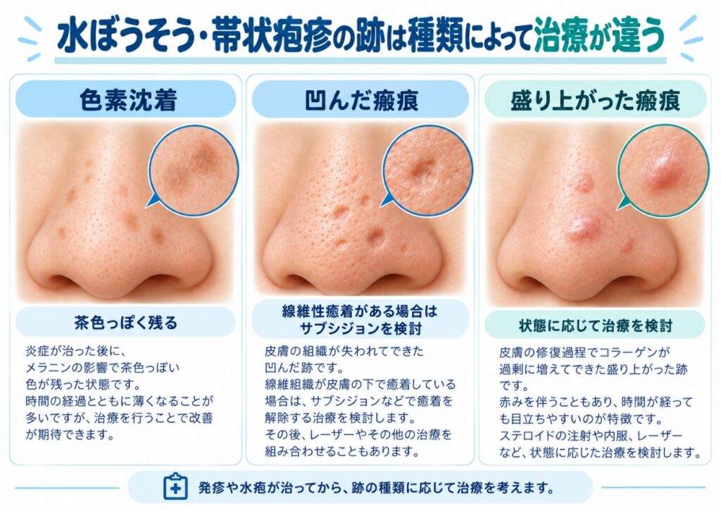 鼻の色素沈着・凹んだ瘢痕・盛り上がった瘢痕の比較図 鼻のイラストを「色素沈着」「凹んだ瘢痕」「盛り上がった瘢痕」の3列で比較。茶色い斑点、皮膚の凹み、赤い盛り上がりを拡大図で示し、各列の下に説明文を配置している。