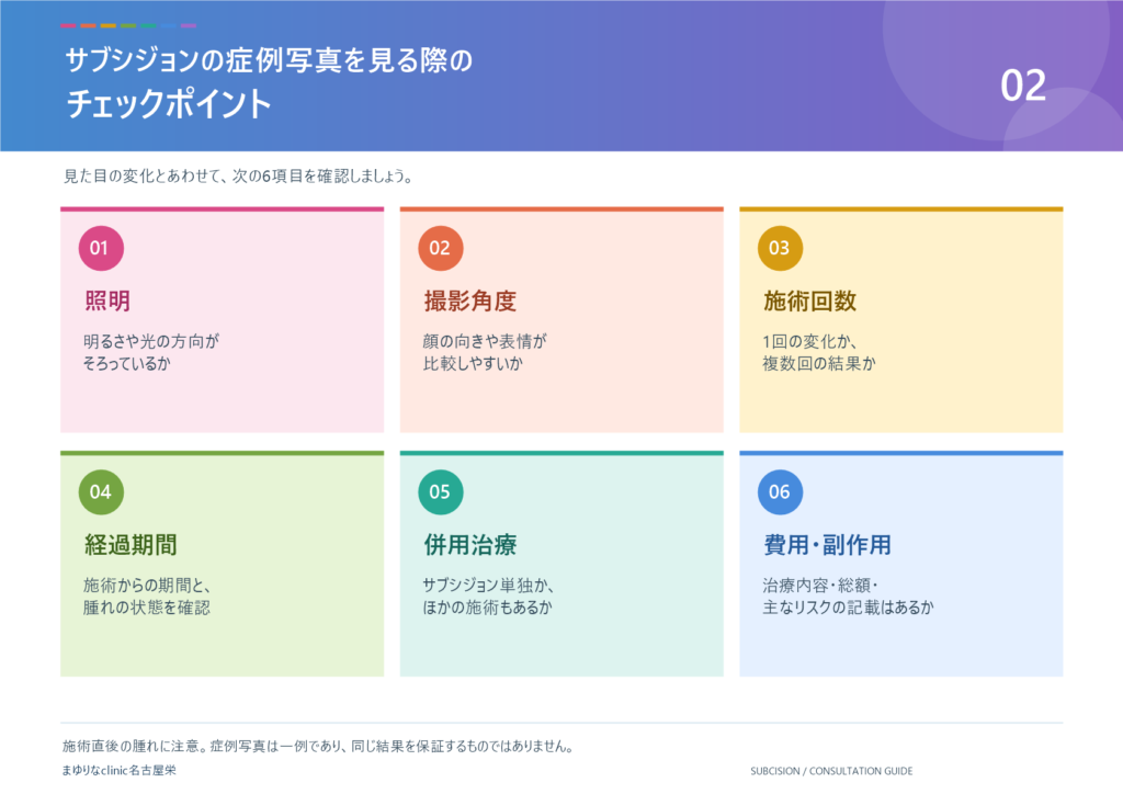 症例写真の確認項目を、色分けした6つの枠で示す図。照明、撮影角度、施術回数、経過期間、併用治療、費用・副作用について、それぞれ確認する内容を記載している。