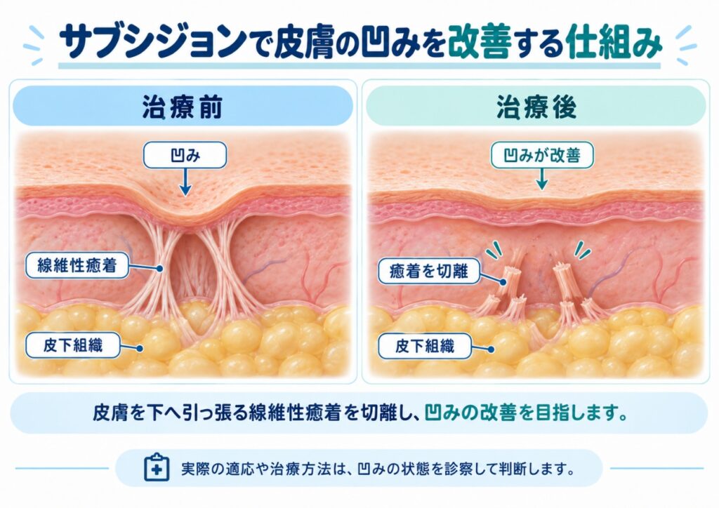 サブシジョンの仕組みを示す皮膚断面の比較図 「治療前」「治療後」と記された皮膚断面図。左に凹みと線維性癒着、右に「癒着を切離」と示された線維と浅い凹みを描き、両側に皮下組織のラベルがある。