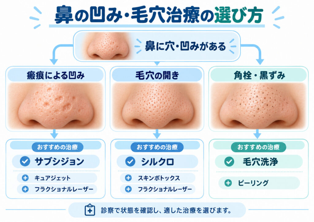鼻の凹み・毛穴の状態と治療名を示す分類図 鼻の拡大イラストを「瘢痕による凹み」「毛穴の開き」「角栓・黒ずみ」の3列に分類し、各列の下にサブシジョン、シルクロ、毛穴洗浄などの治療名を矢印で結んだ図。